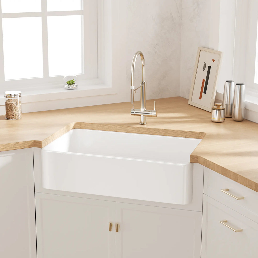 Denbigh 33" Apron-Front Farmhouse Fireclay Kitchen Sink With Sink Grid & Basket Strainer, Multiple Colors
