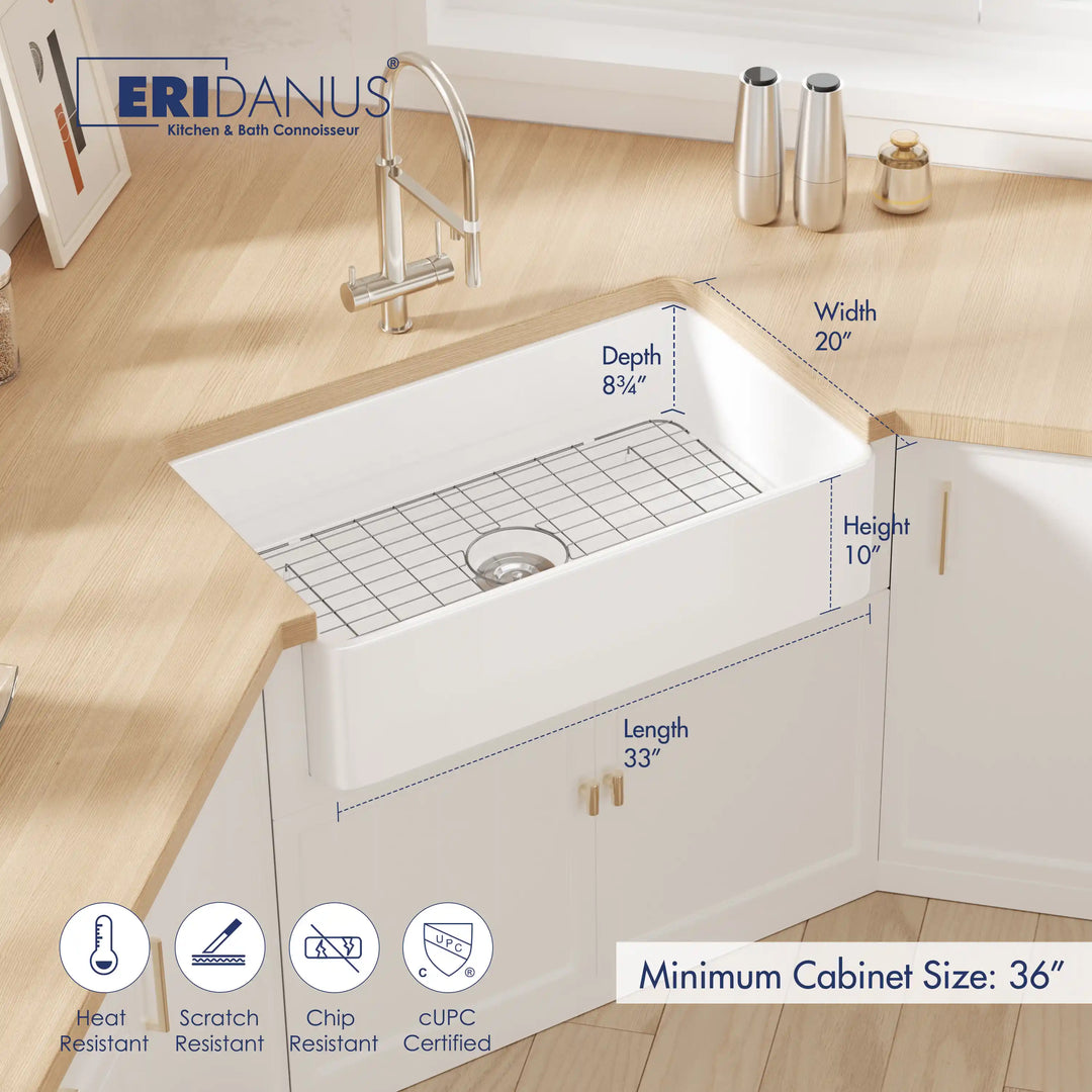 Denbigh 33" Apron-Front Farmhouse Fireclay Kitchen Sink With Sink Grid & Basket Strainer, Multiple Colors