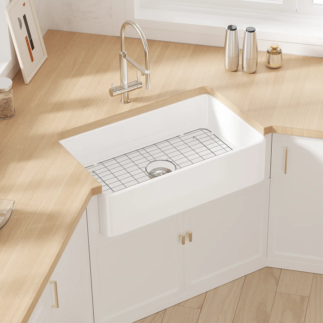Denbigh 33" Apron-Front Farmhouse Fireclay Kitchen Sink With Sink Grid & Basket Strainer, Multiple Colors