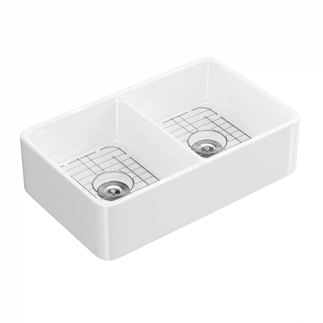 White fireclay double bowl farmhouse kitchen sink with stainless steel bottom grids