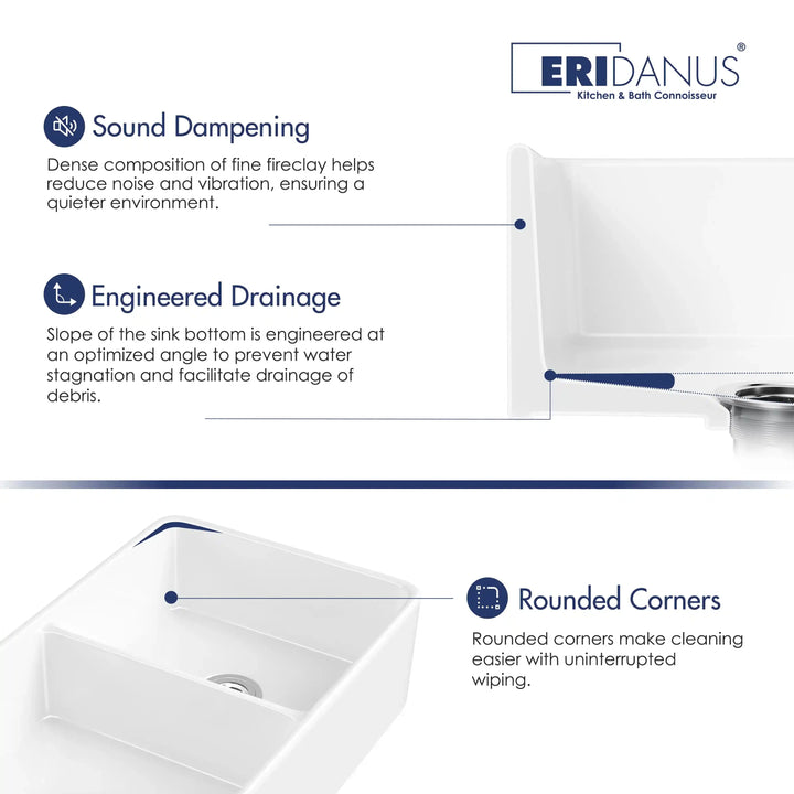 White fireclay farmhouse sink feature diagram: sound dampening, sloped drainage, rounded easy-clean corners