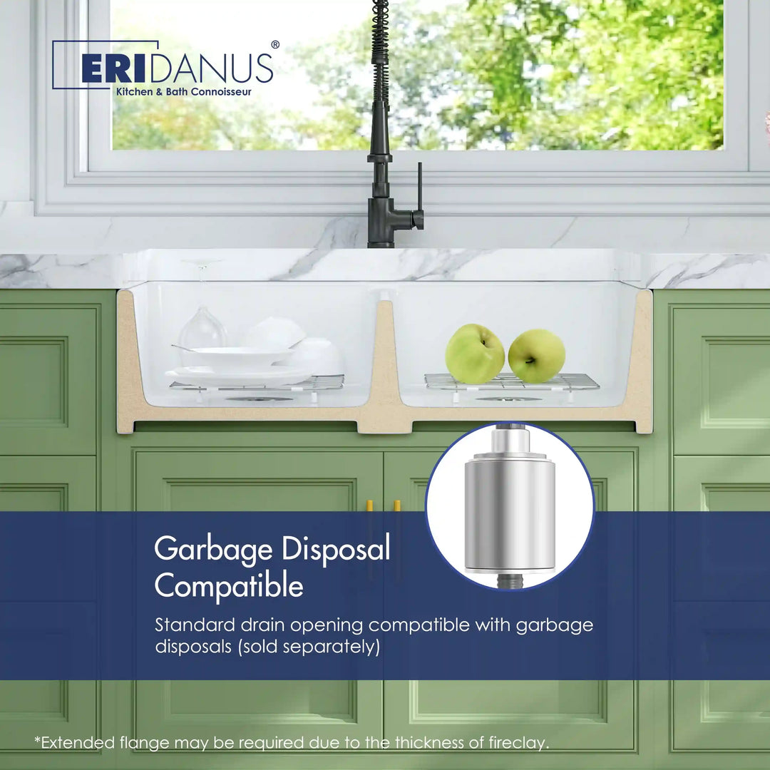 Fireclay double bowl farmhouse kitchen sink with garbage disposal compatible drain opening.