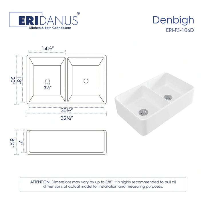 White fireclay double bowl farmhouse sink with technical dimension drawing