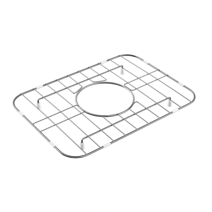 Stainless steel sink bottom grid with rubber bumpers and drain cutout