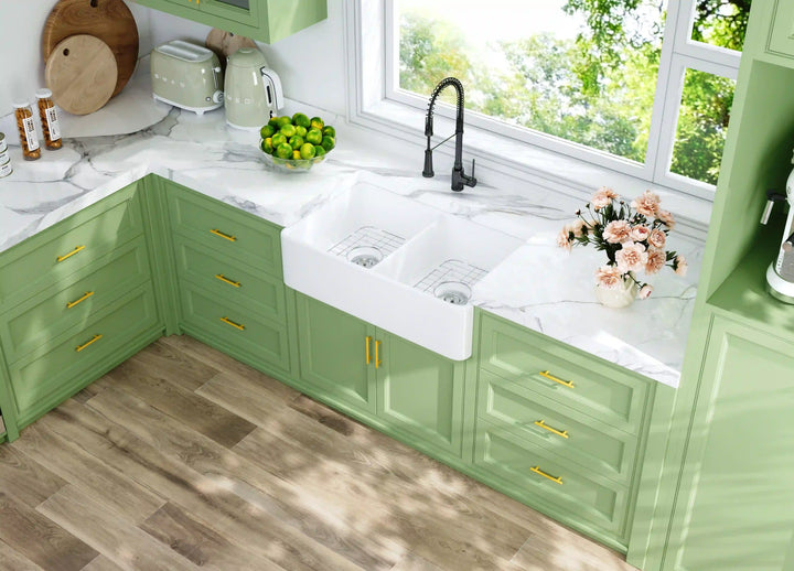 White fireclay double bowl apron front farmhouse kitchen sink