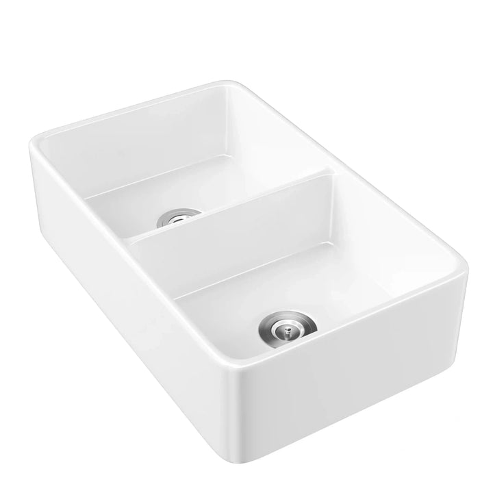 White fireclay equal double bowl farmhouse kitchen sink with stainless drain strainers