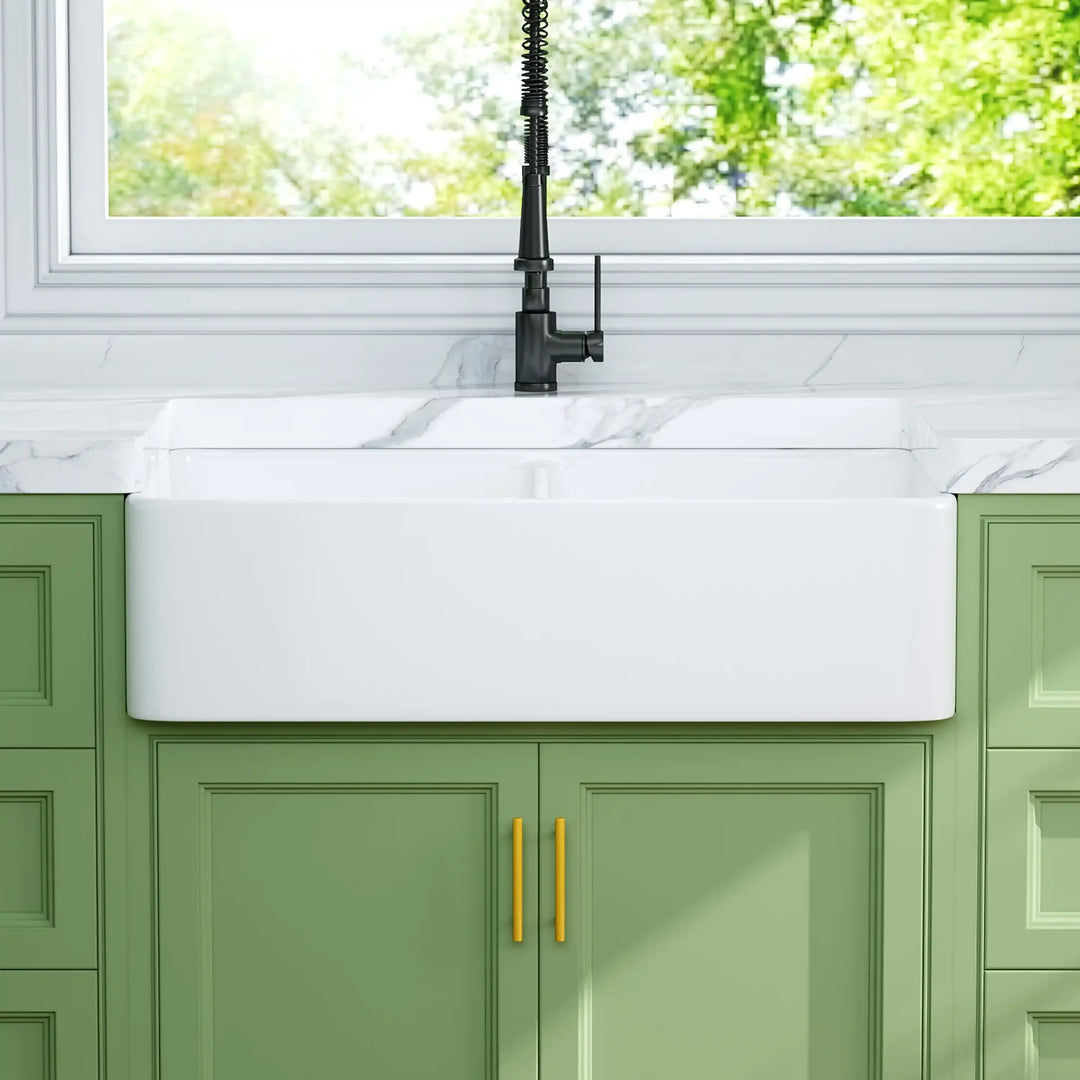 White fireclay glossy farmhouse apron front kitchen sink