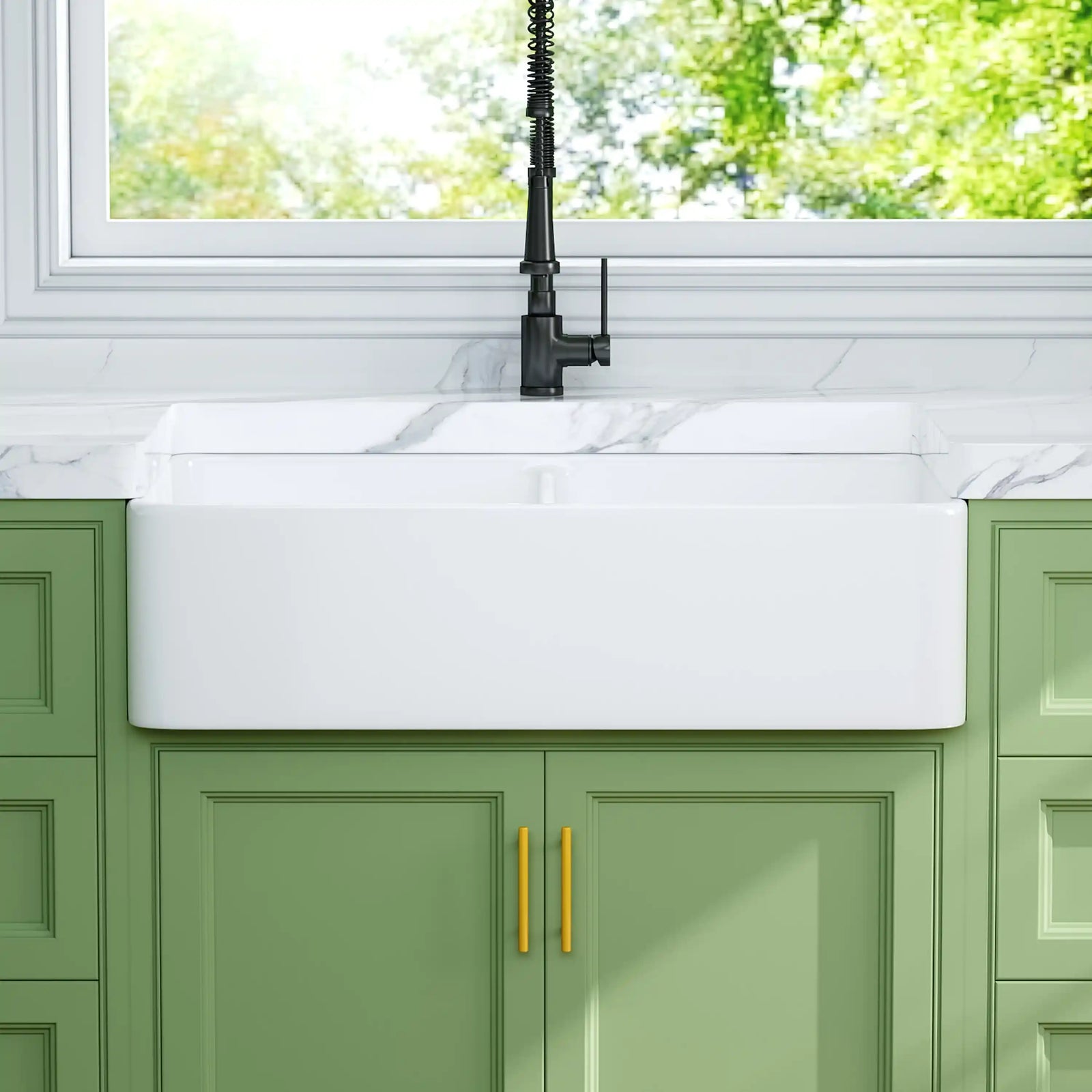 White fireclay glossy farmhouse apron front kitchen sink