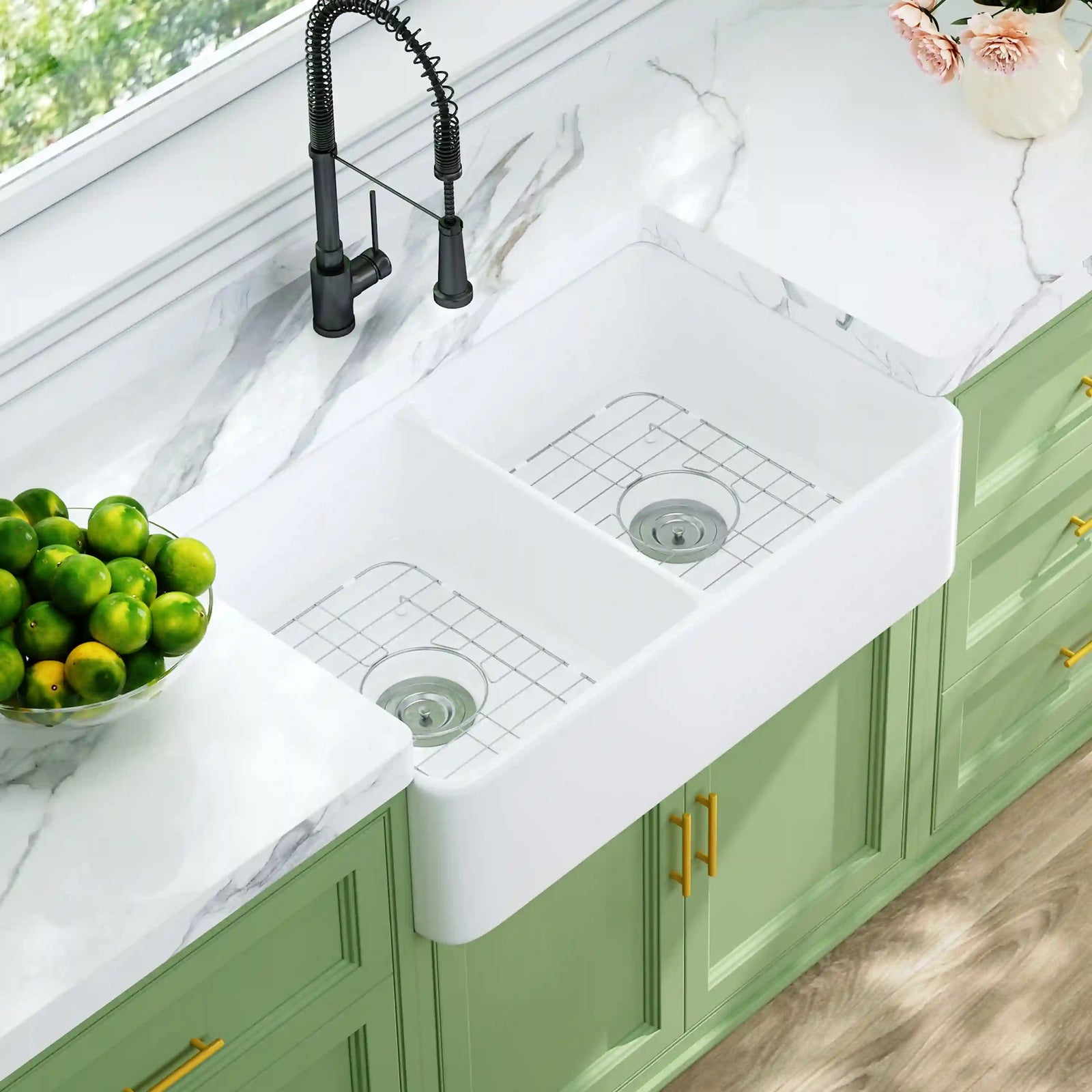 White double bowl fireclay farmhouse apron kitchen sink with grids