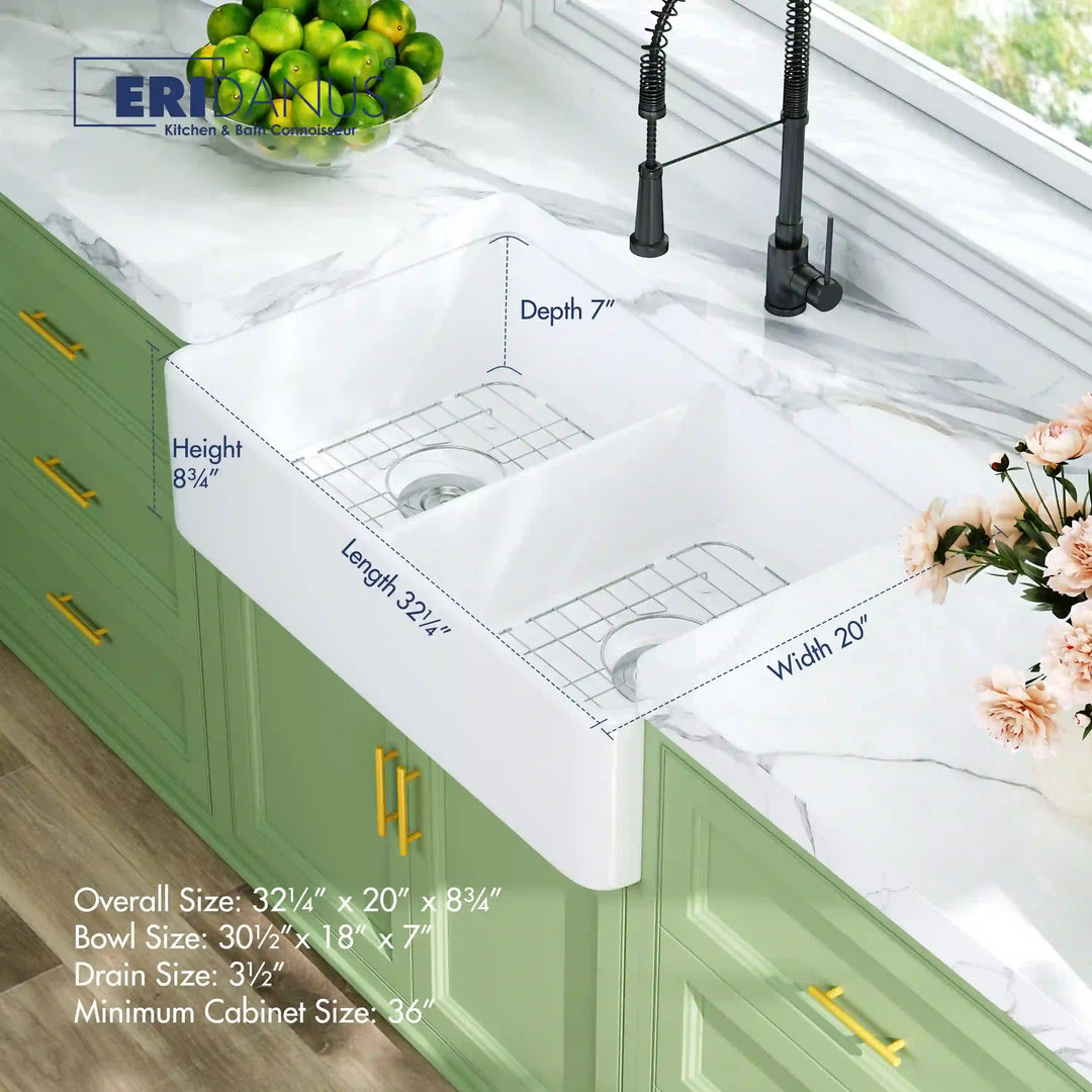 White ceramic double-bowl farmhouse kitchen sink with dimensions