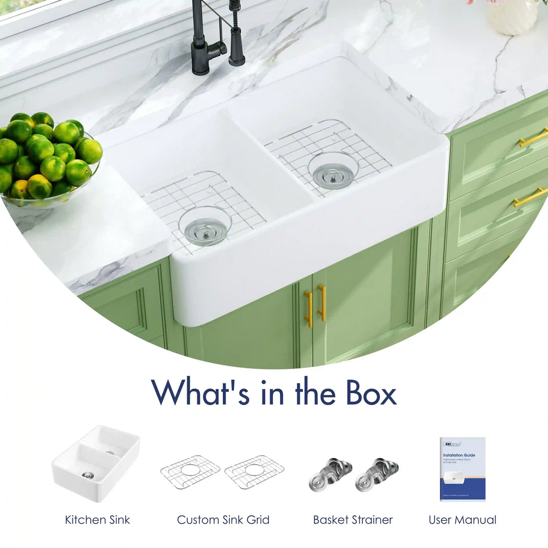 White double bowl fireclay farmhouse kitchen sink complete accessory package display