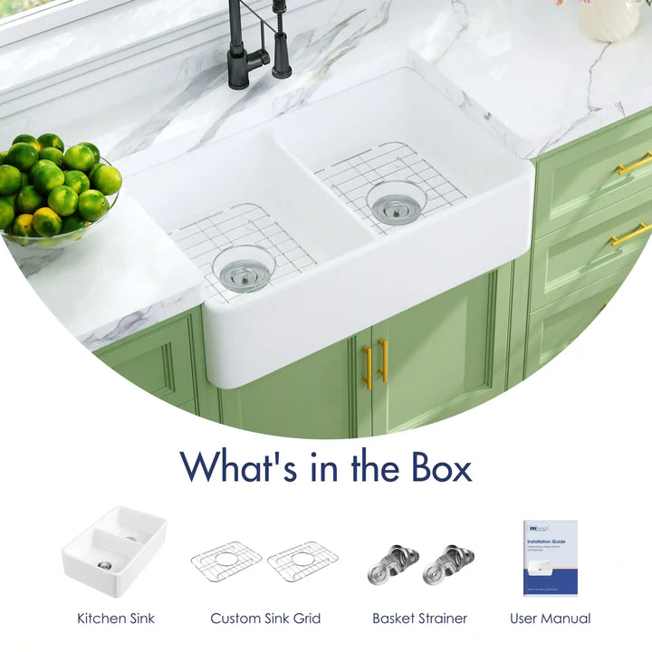 White double bowl fireclay farmhouse kitchen sink complete accessory package display
