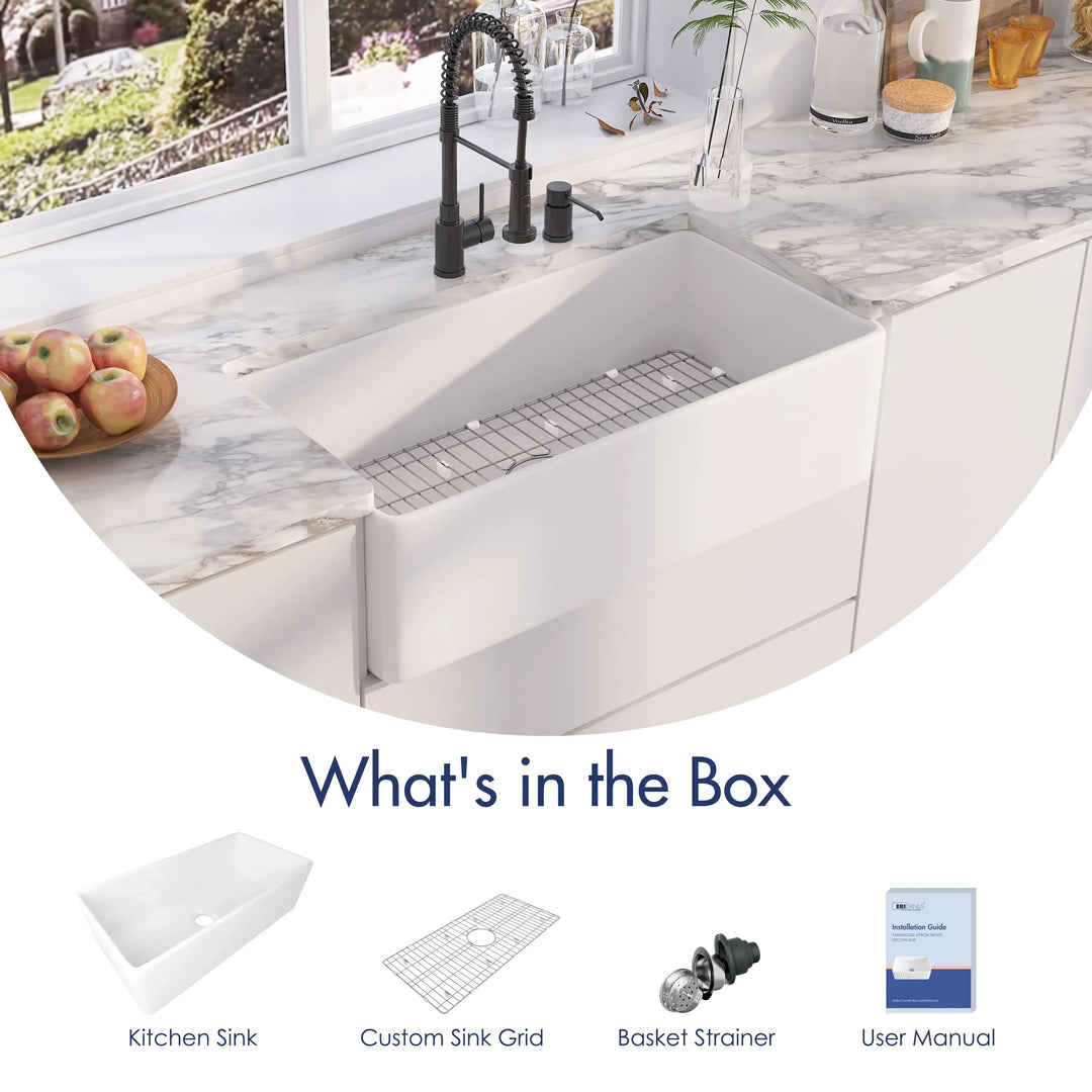 White fireclay farmhouse sink package graphic including sink, stainless grid, basket strainer and manual