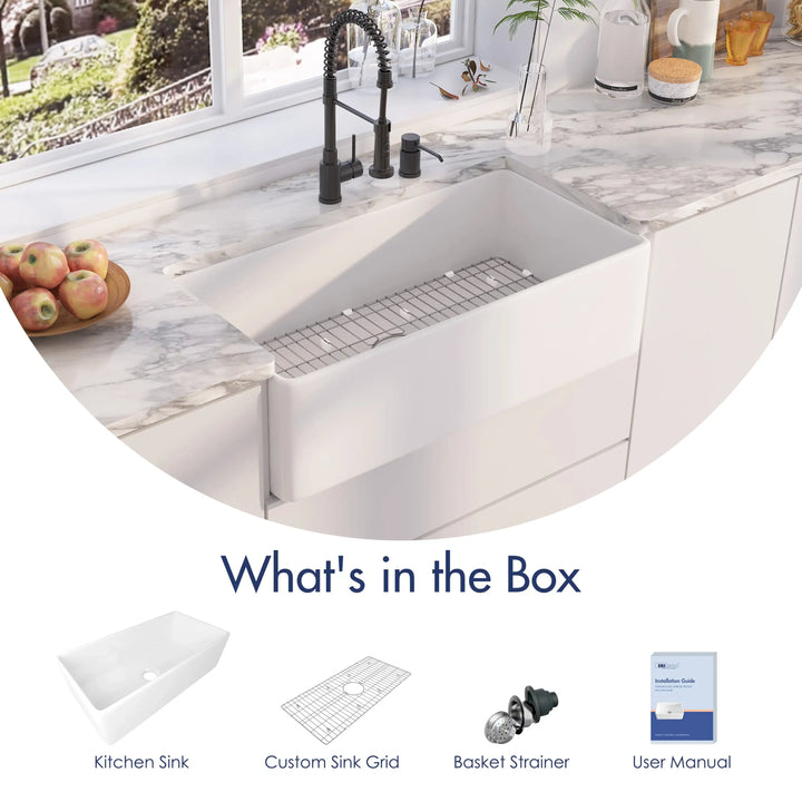 White fireclay farmhouse sink package graphic including sink, stainless grid, basket strainer and manual