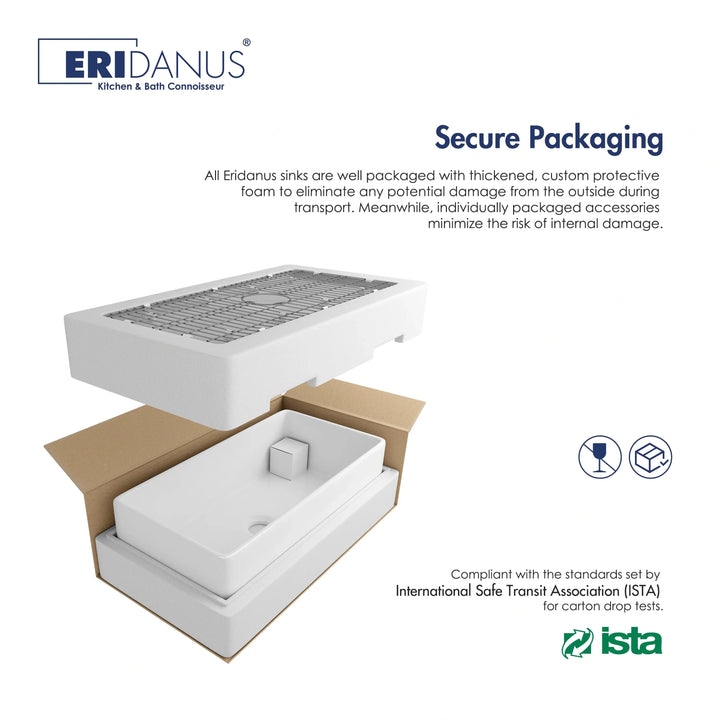 White fireclay kitchen sink protective foam packaging diagram complying with ISTA transit safety standards