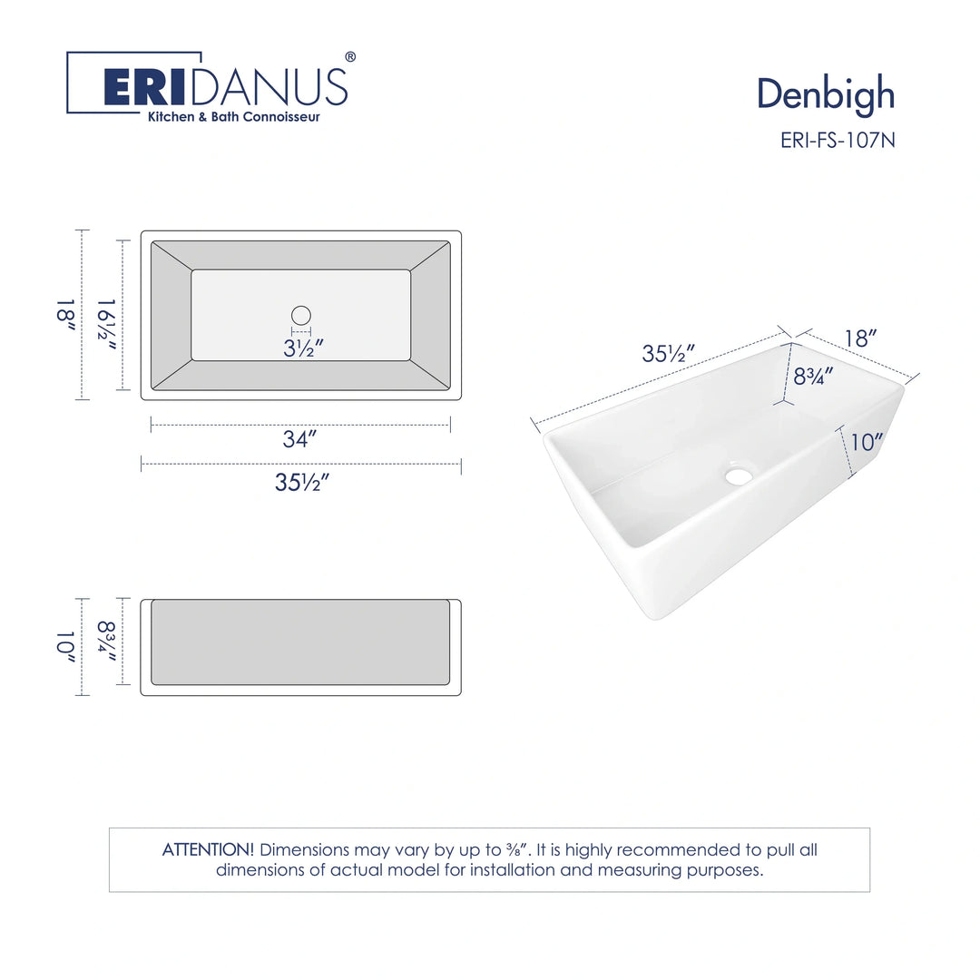 35.5-inch white fireclay farmhouse sink technical dimension drawing with multi-view size markings