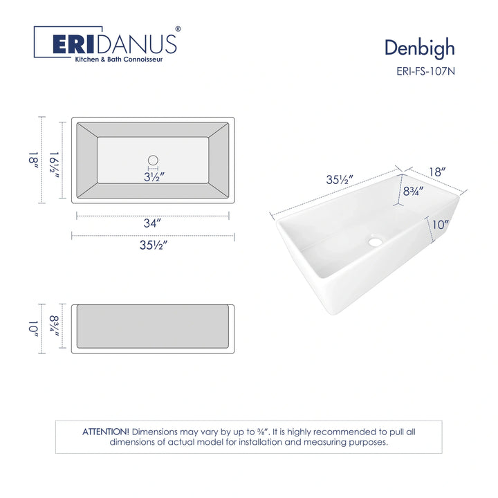 35.5-inch white fireclay farmhouse sink technical dimension drawing with multi-view size markings