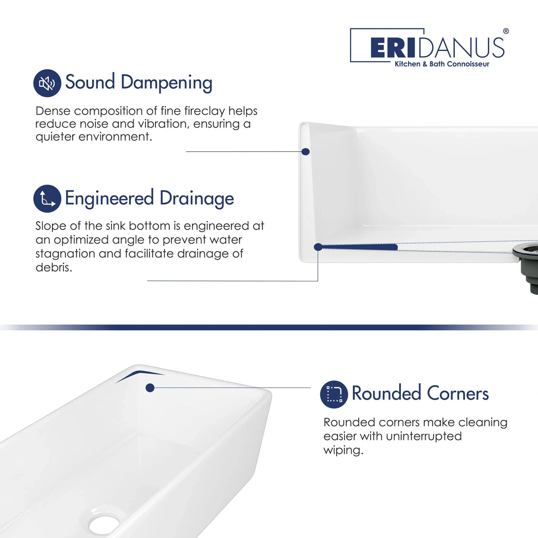 White fireclay kitchen sink feature graphic showing sound dampening, sloped drainage and rounded easy-clean corners