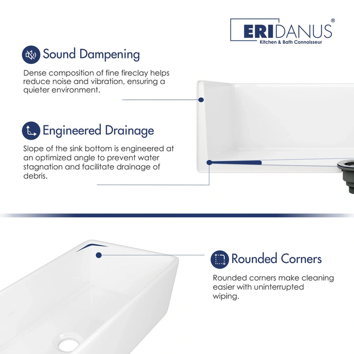 White fireclay kitchen sink feature graphic showing sound dampening, sloped drainage and rounded easy-clean corners