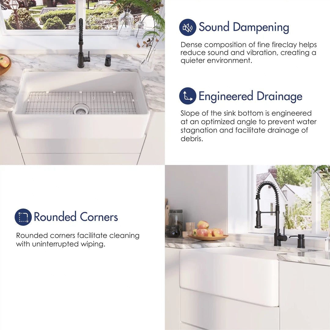 White fireclay apron sink feature collage: sound dampening, sloped drainage, easy-clean rounded corners