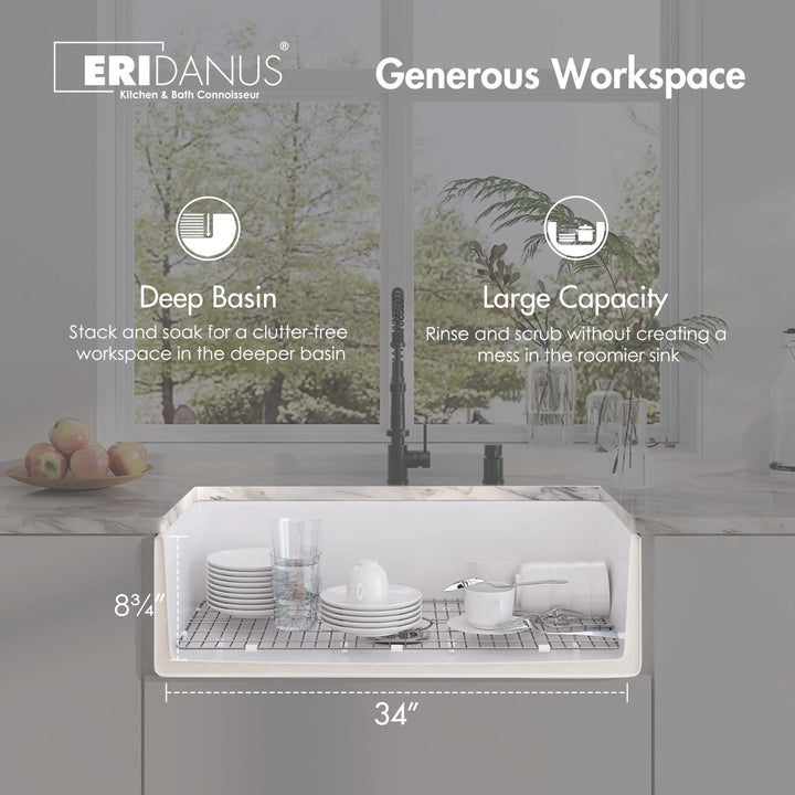 34-inch white fireclay farmhouse sink with deep large capacity basin and stainless steel bottom grid