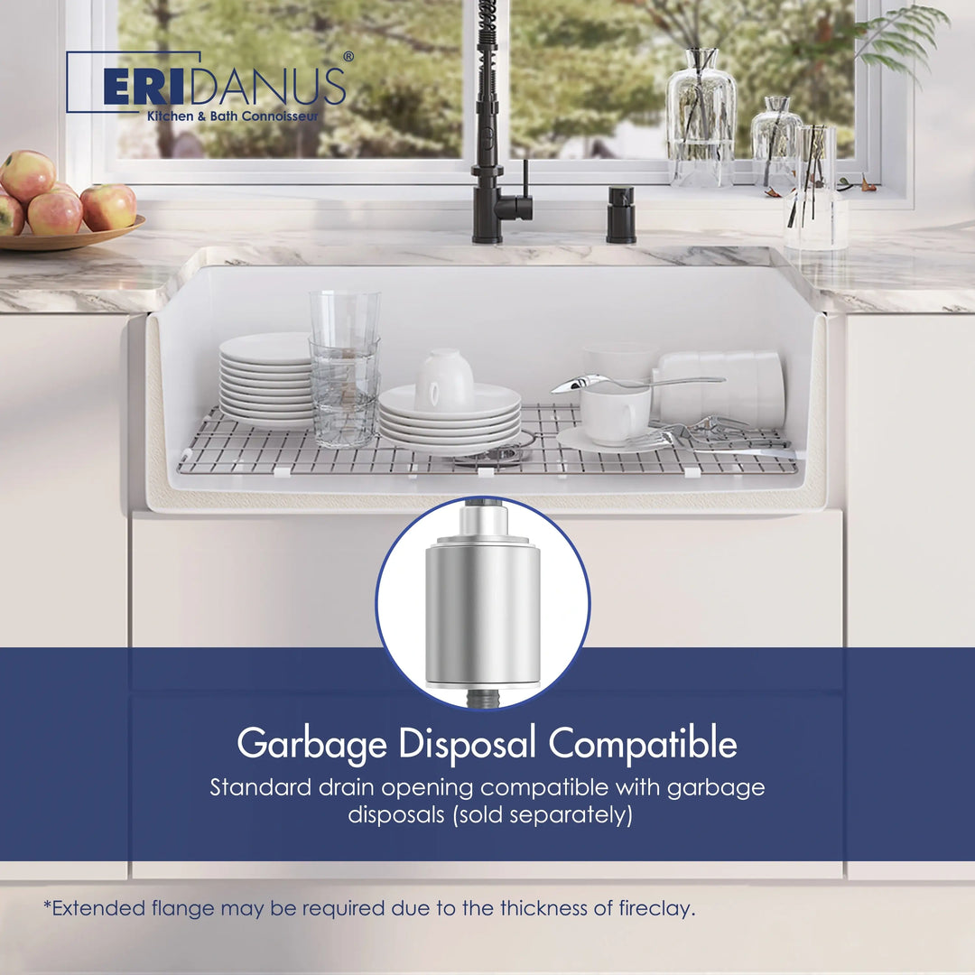 White fireclay farmhouse sink with stainless steel grid, compatible with garbage disposal units