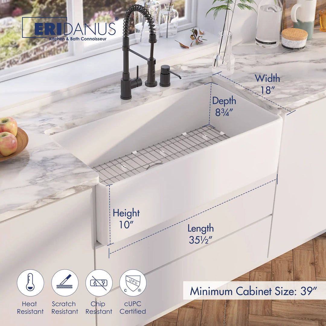 35.5in white fireclay apron sink dimension diagram, heat scratch chip resistant, cUPC certified with steel grid