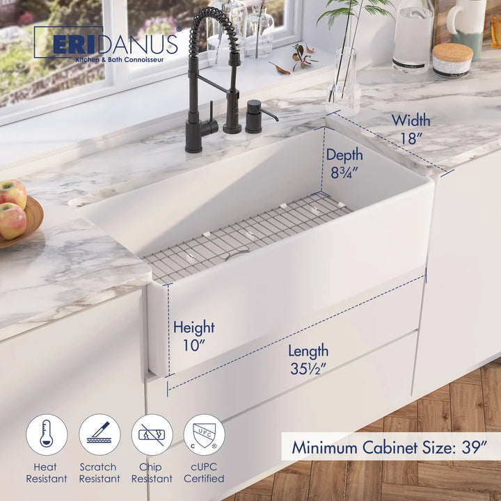 35.5in white fireclay apron sink dimension diagram, heat scratch chip resistant, cUPC certified with steel grid