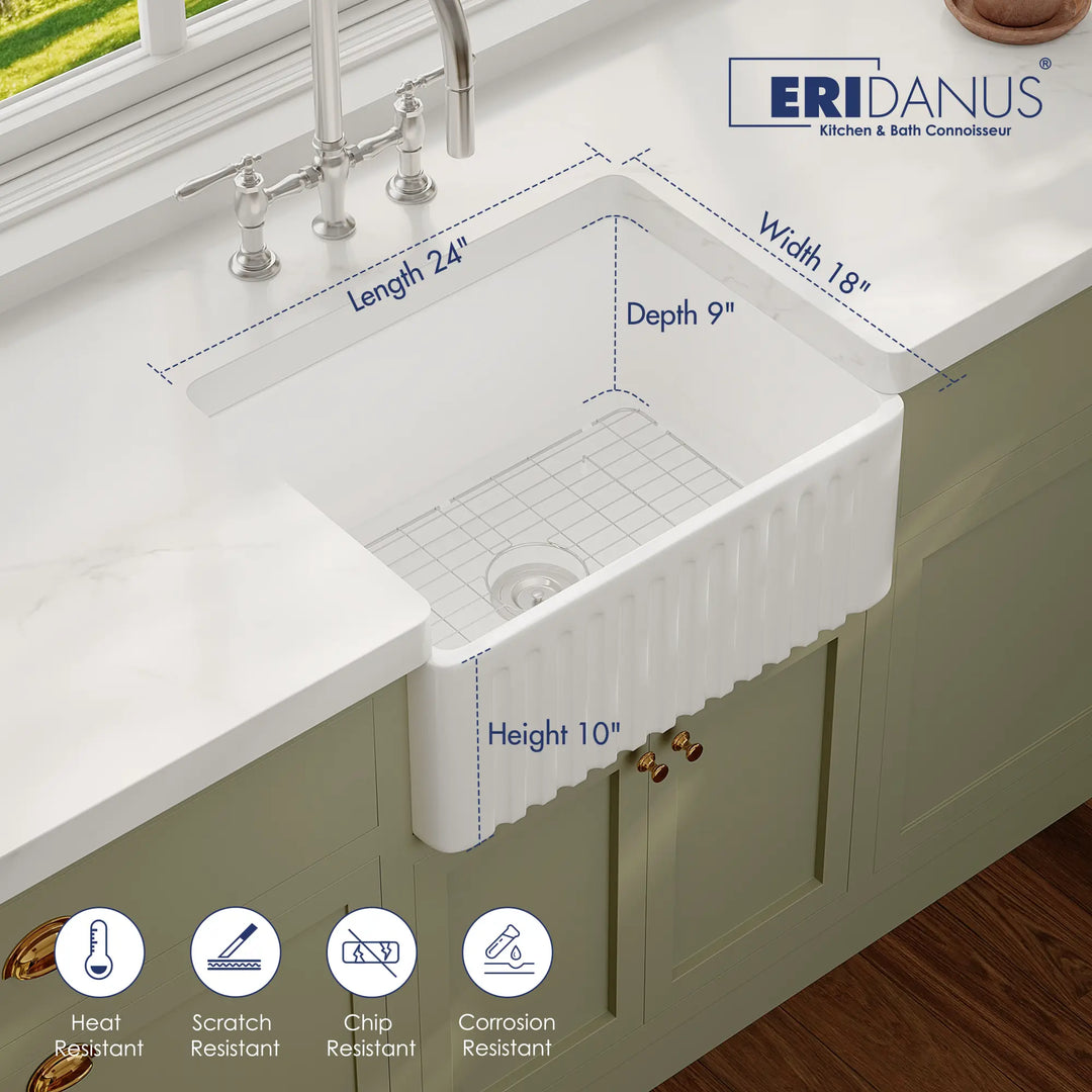 White ceramic farmhouse sink with fluted apron, 24x18x10 inch dimensions