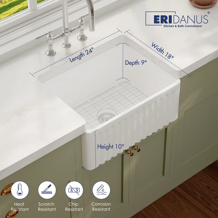White ceramic farmhouse sink with fluted apron, 24x18x10 inch dimensions