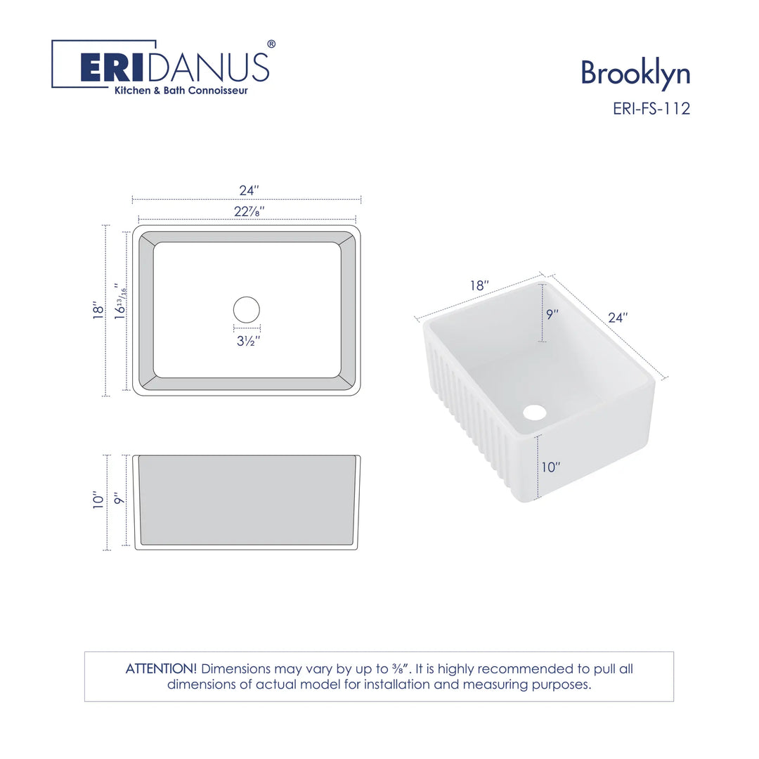 White fireclay farmhouse kitchen sink with dimension diagram