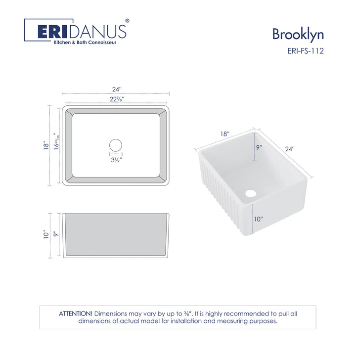 White fireclay farmhouse kitchen sink with dimension diagram