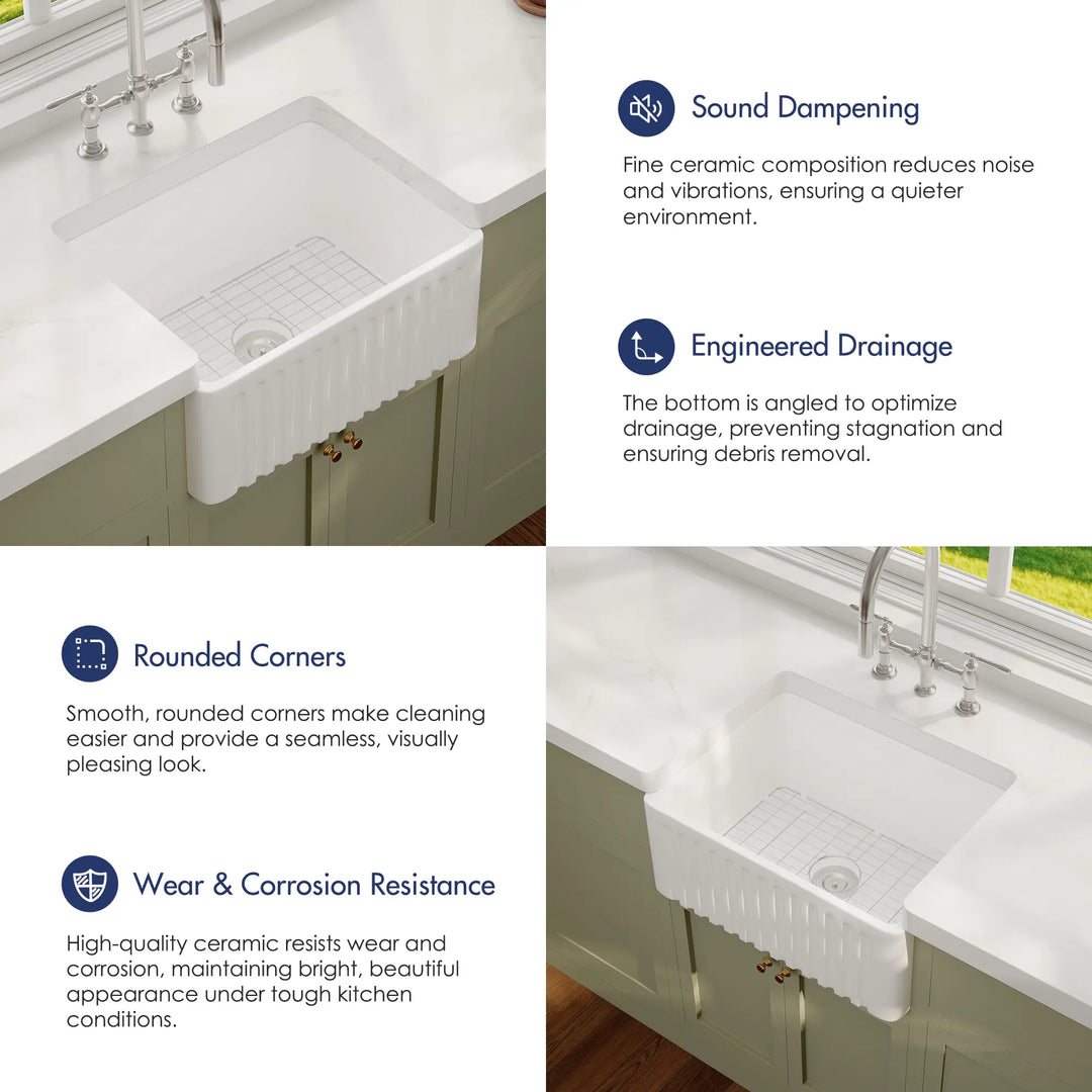White ceramic farmhouse sink with fluted apron and bottom grid, feature highlights