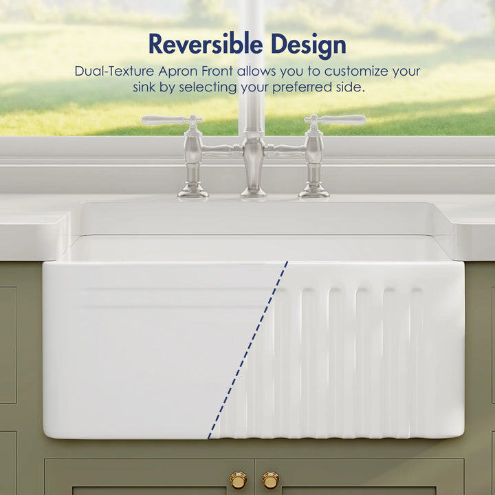 White ceramic farmhouse sink with reversible smooth and fluted apron front