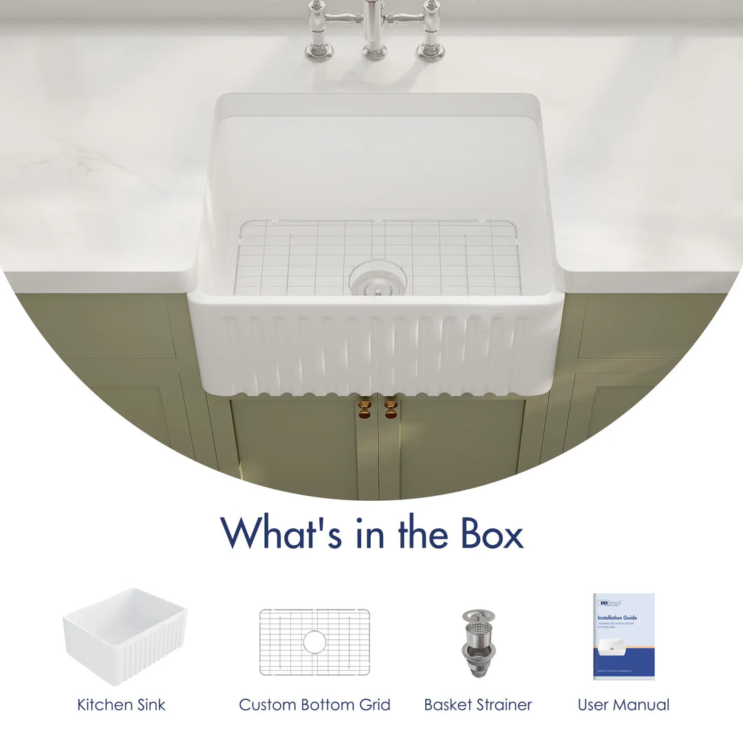 White fireclay fluted farmhouse kitchen sink kit including bottom grid and basket strainer