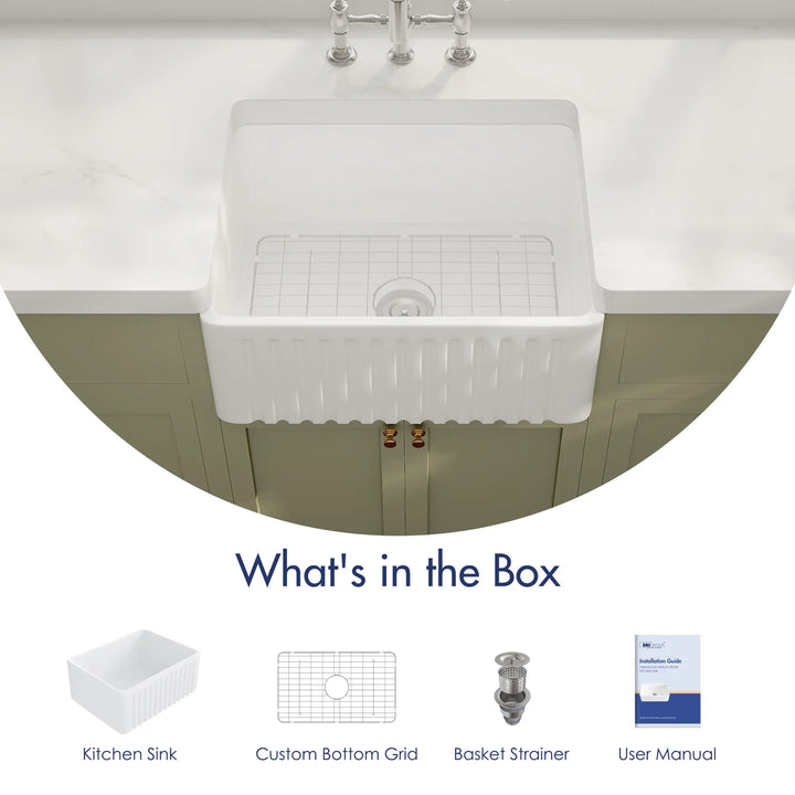 White fireclay fluted farmhouse kitchen sink kit including bottom grid and basket strainer