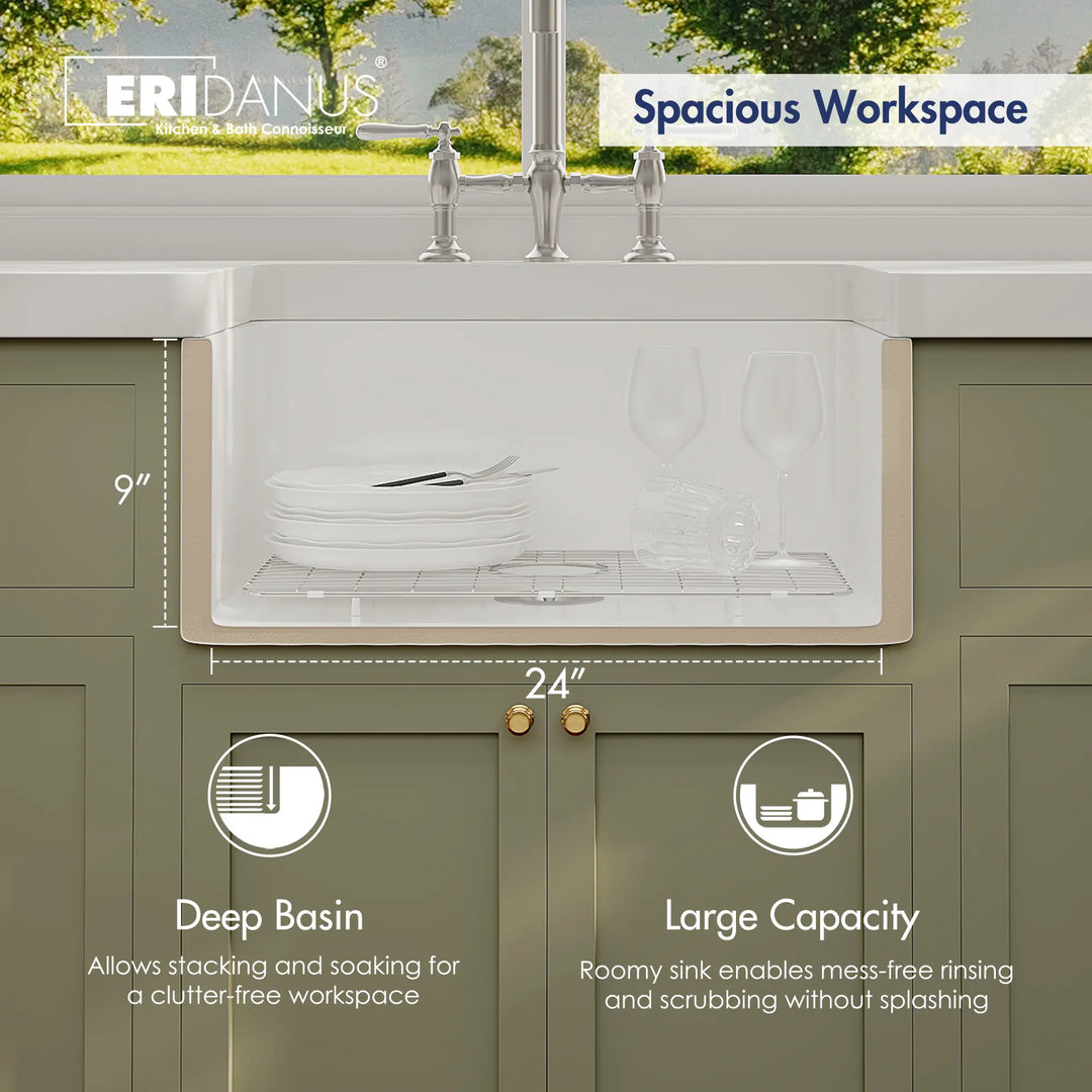 White ceramic farmhouse sink with deep basin, 24 inch width and large capacity