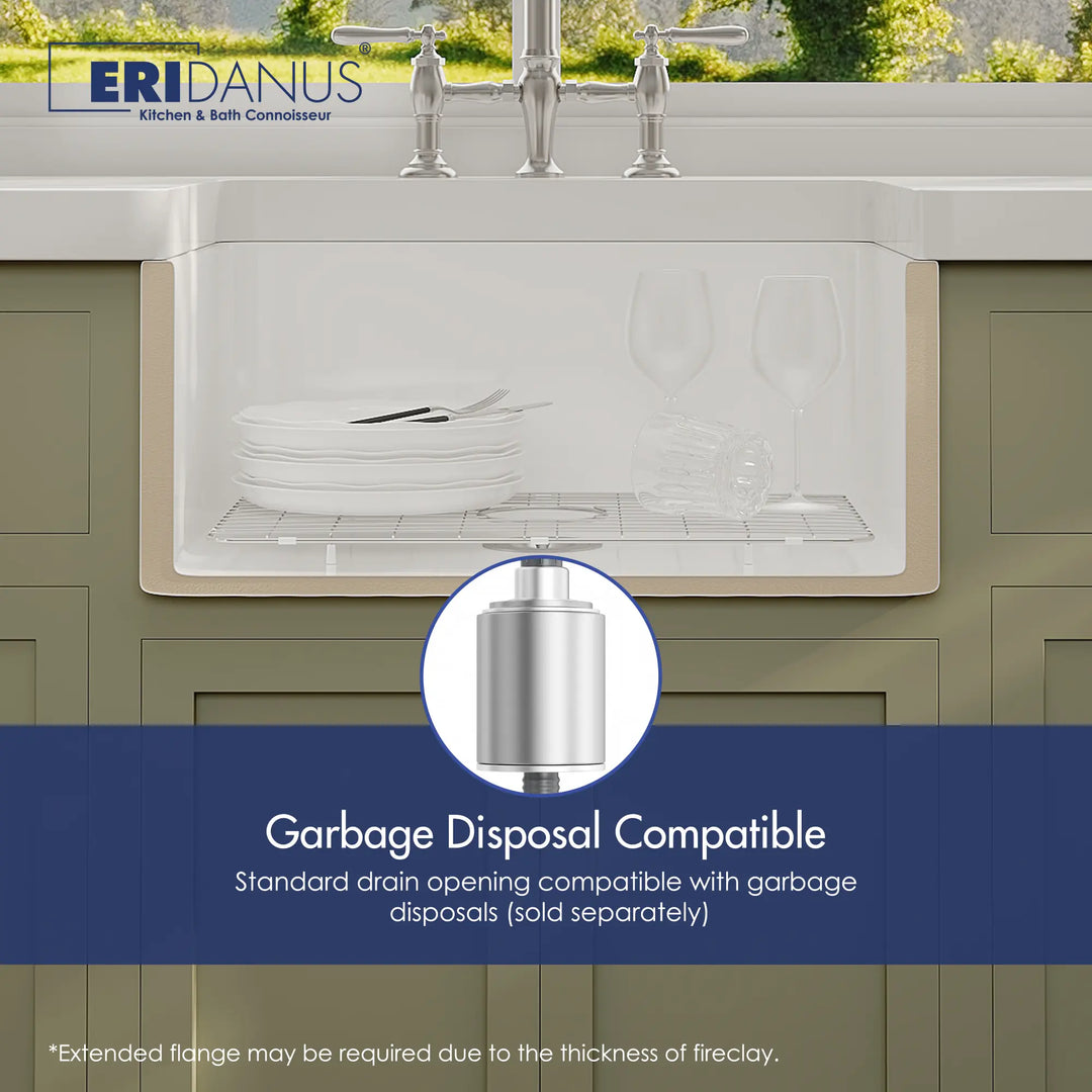 White ceramic farmhouse sink with deep basin and garbage disposal compatible drain