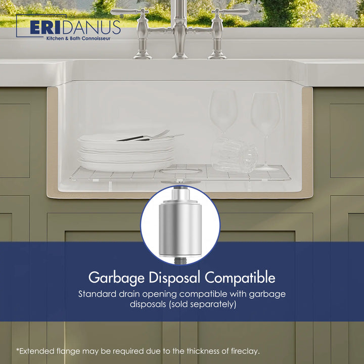 White ceramic farmhouse sink with deep basin and garbage disposal compatible drain