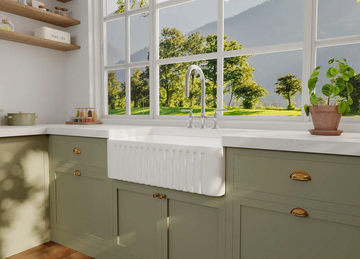 White ribbed apron front fireclay farmhouse single bowl kitchen sink