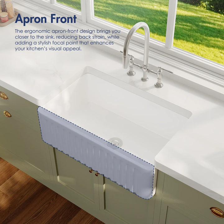 White fluted apron front fireclay farmhouse kitchen sink highlighting ergonomic front design