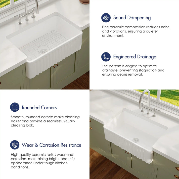 White ribbed apron fireclay kitchen sink featuring sound dampening, sloped drain, rounded corners, wear resistance