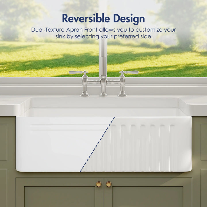 White reversible dual-texture apron front fireclay farmhouse kitchen sink