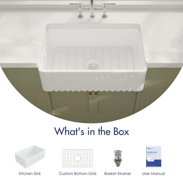 White fluted apron fireclay farmhouse sink complete kit with bottom grid, basket strainer and manual