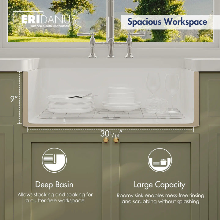 30-inch white fireclay farmhouse sink marked with dimensions, featuring deep basin and large capacity workspace