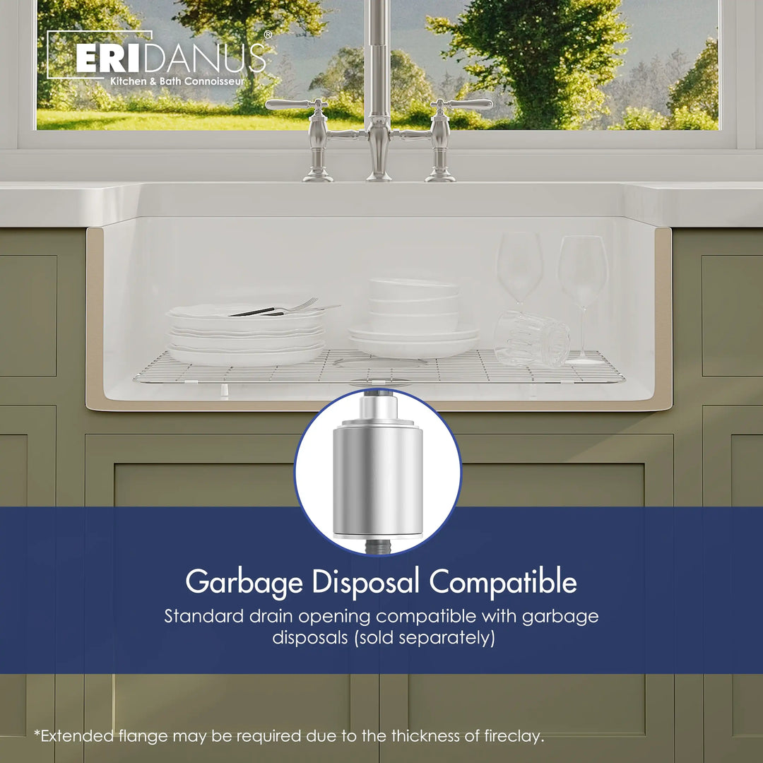 White fireclay farmhouse kitchen sink with drain opening compatible with garbage disposal