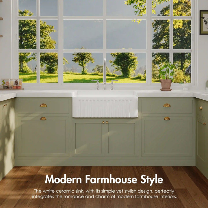 White ribbed apron front fireclay kitchen sink with classic modern farmhouse aesthetic