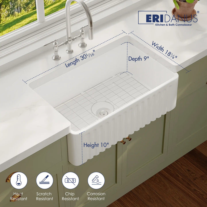 30-inch white ribbed apron fireclay kitchen sink marked with dimensions, heat scratch chip corrosion resistant