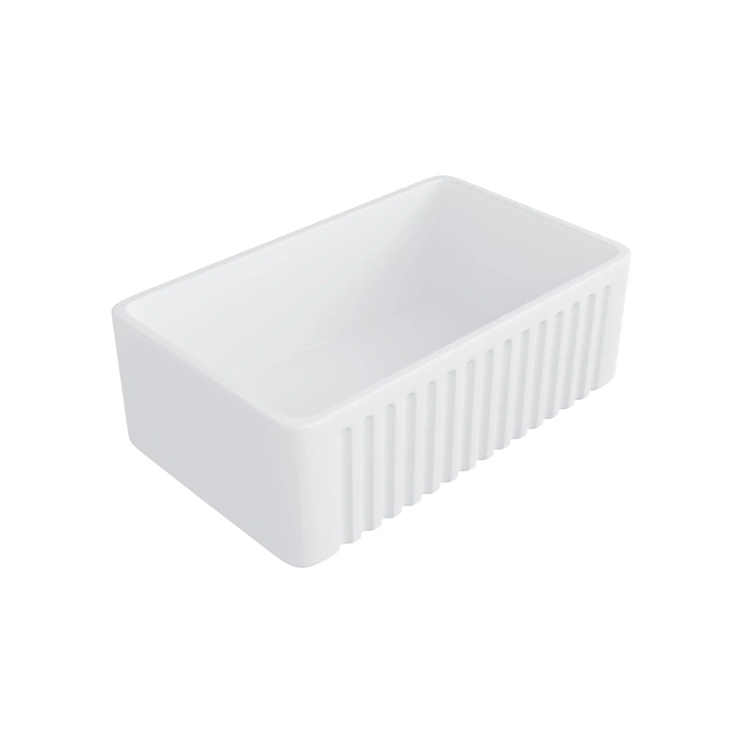 White fluted apron front fireclay farmhouse single bowl kitchen sink blank product shot