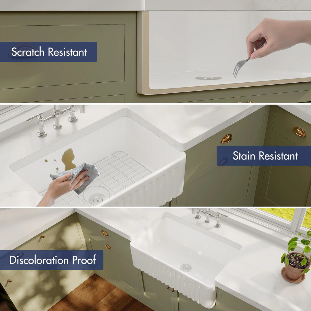 White fluted apron fireclay farmhouse sink showcasing scratch, stain and discoloration resistant properties